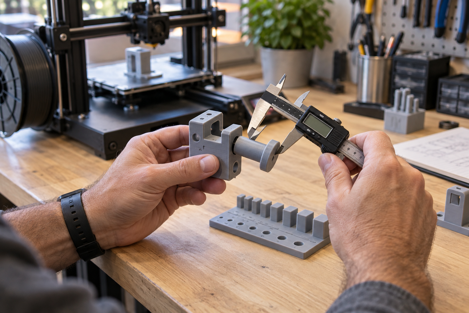 Maker measuring the clearance and fit of functional 3D printed parts with digital calipers