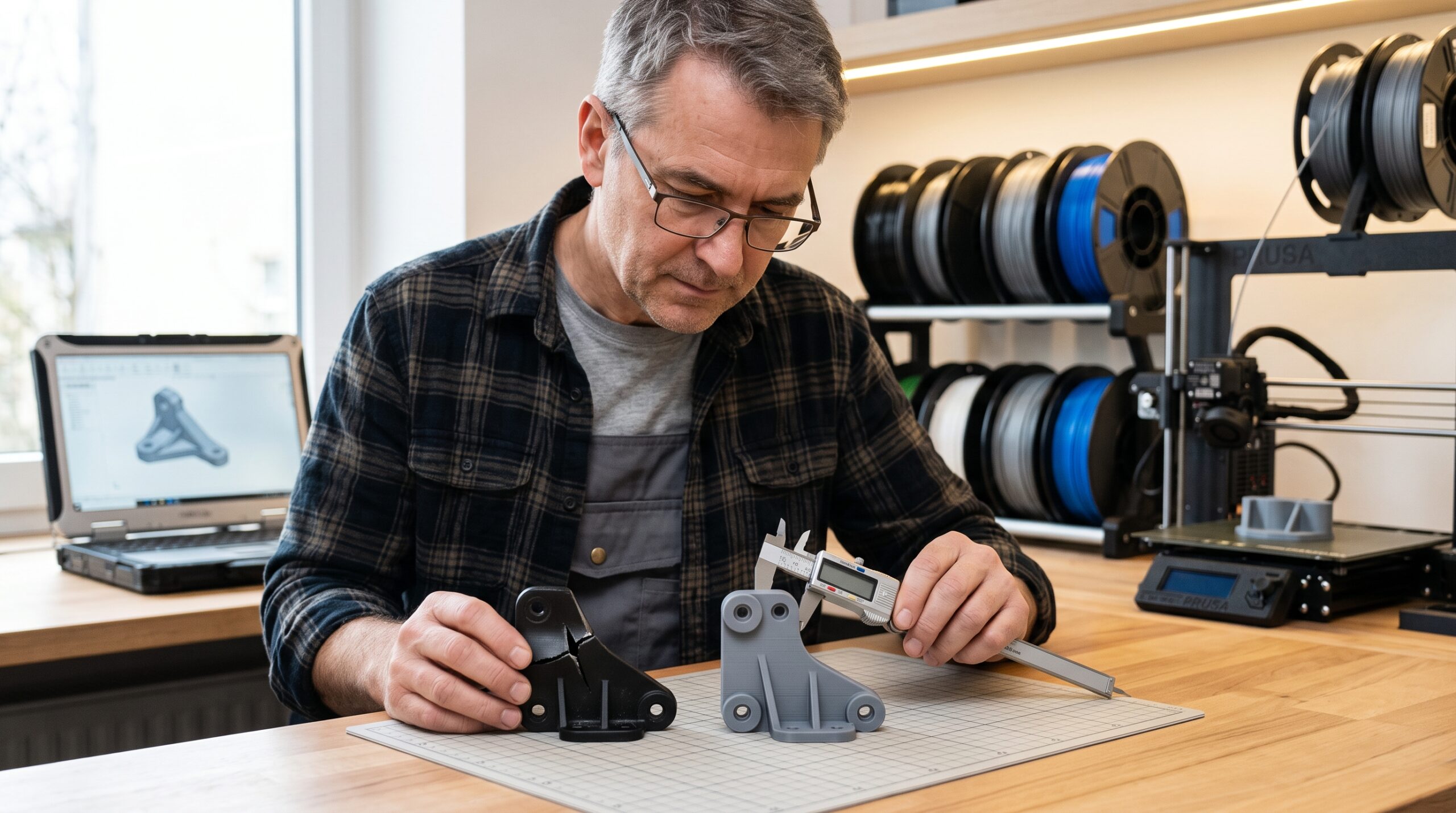 Maker checking the fit of a custom 3D printed replacement part during prototype testing