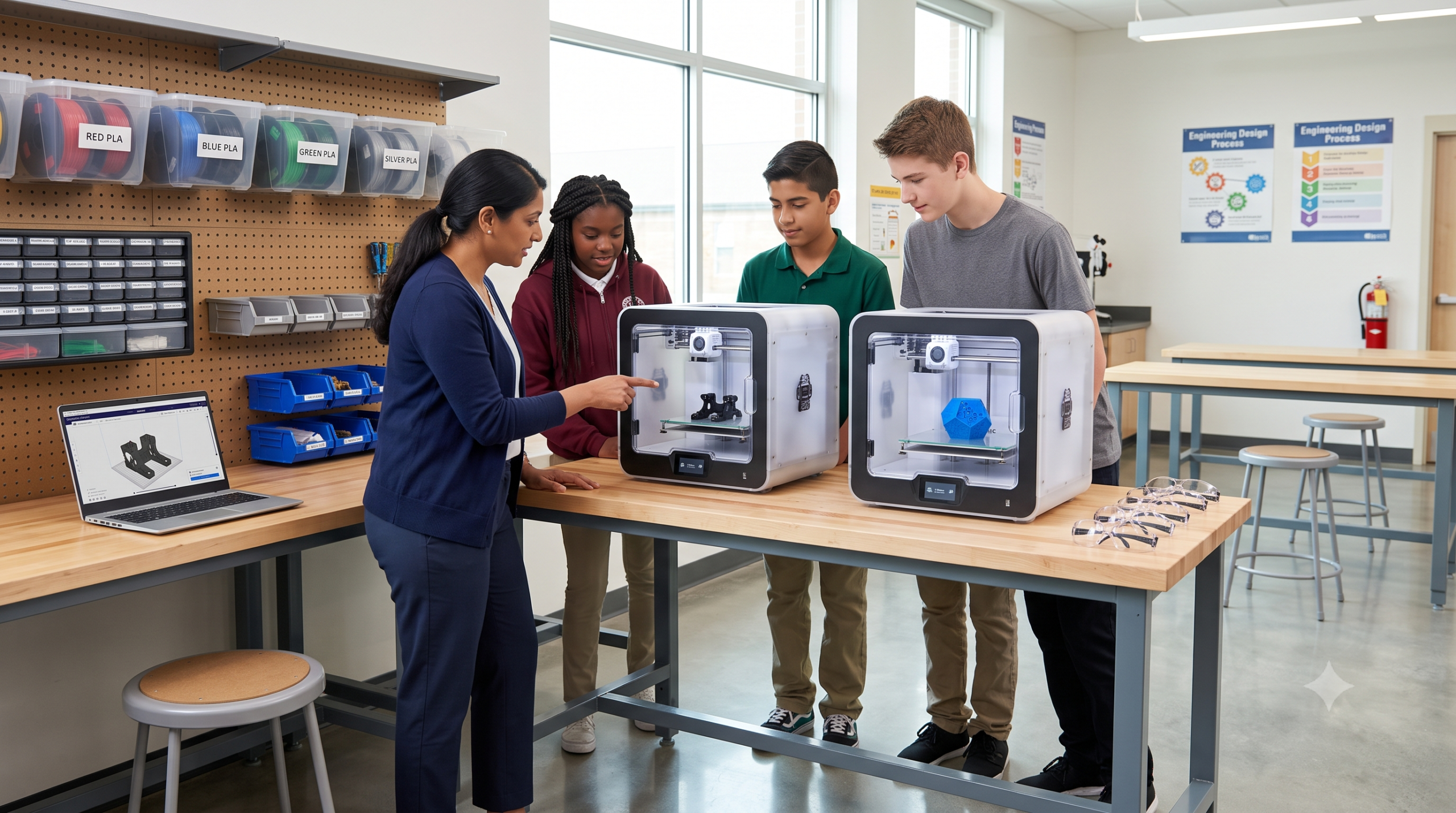 Teacher and students comparing enclosed 3D printers in a supervised American school STEM lab