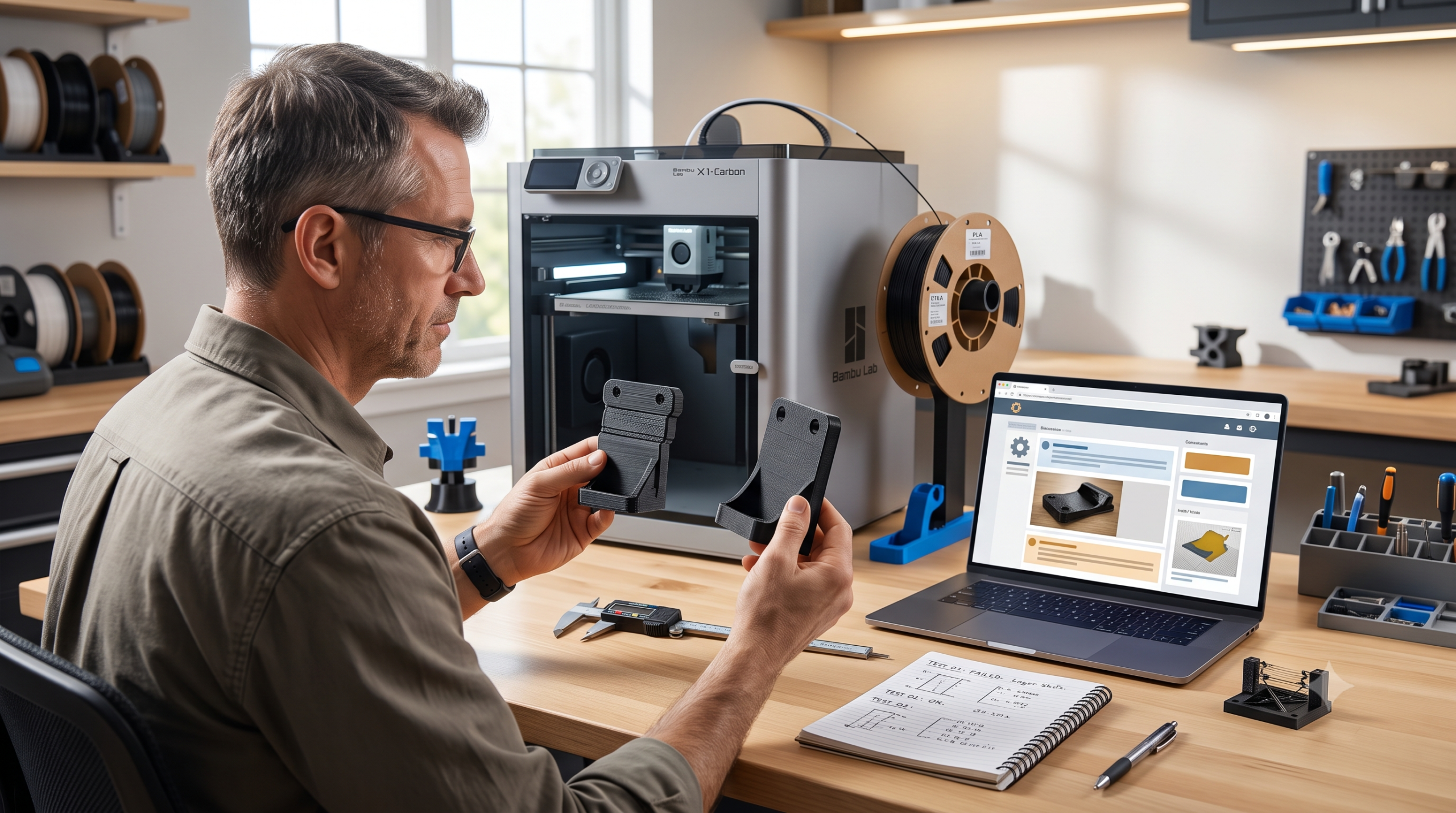 Experienced maker comparing failed and successful 3D prints while reviewing community feedback at a clean workbench