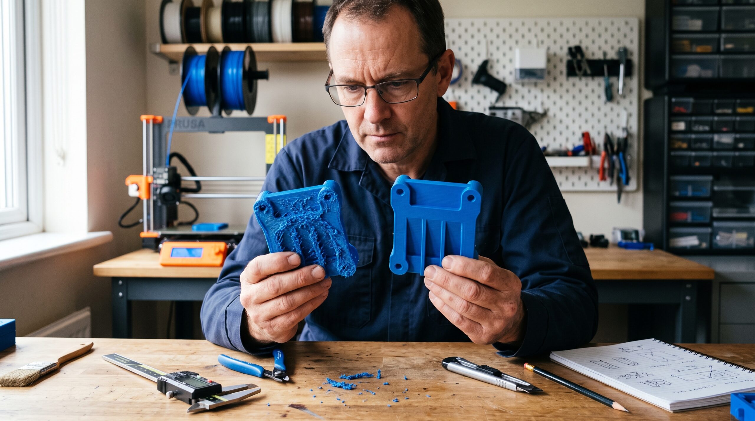 Experienced maker comparing a rough support-damaged 3D-printed bracket with a cleaner functional bracket
