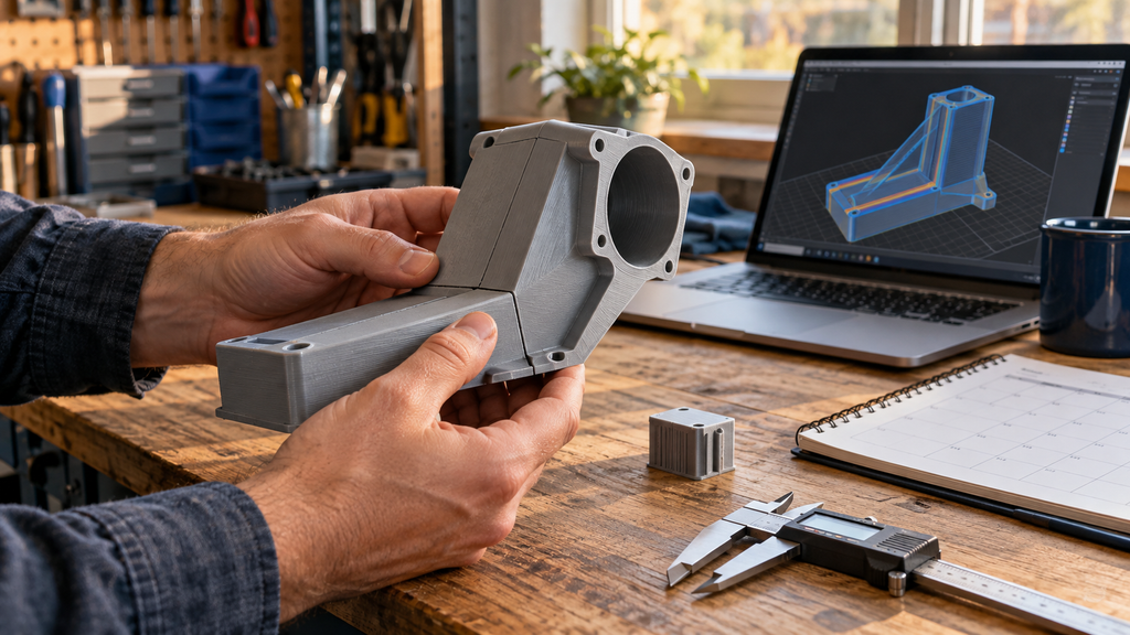 Hands examining a gray two-piece 3D printed model beside a slicer preview, calipers, and a project calendar