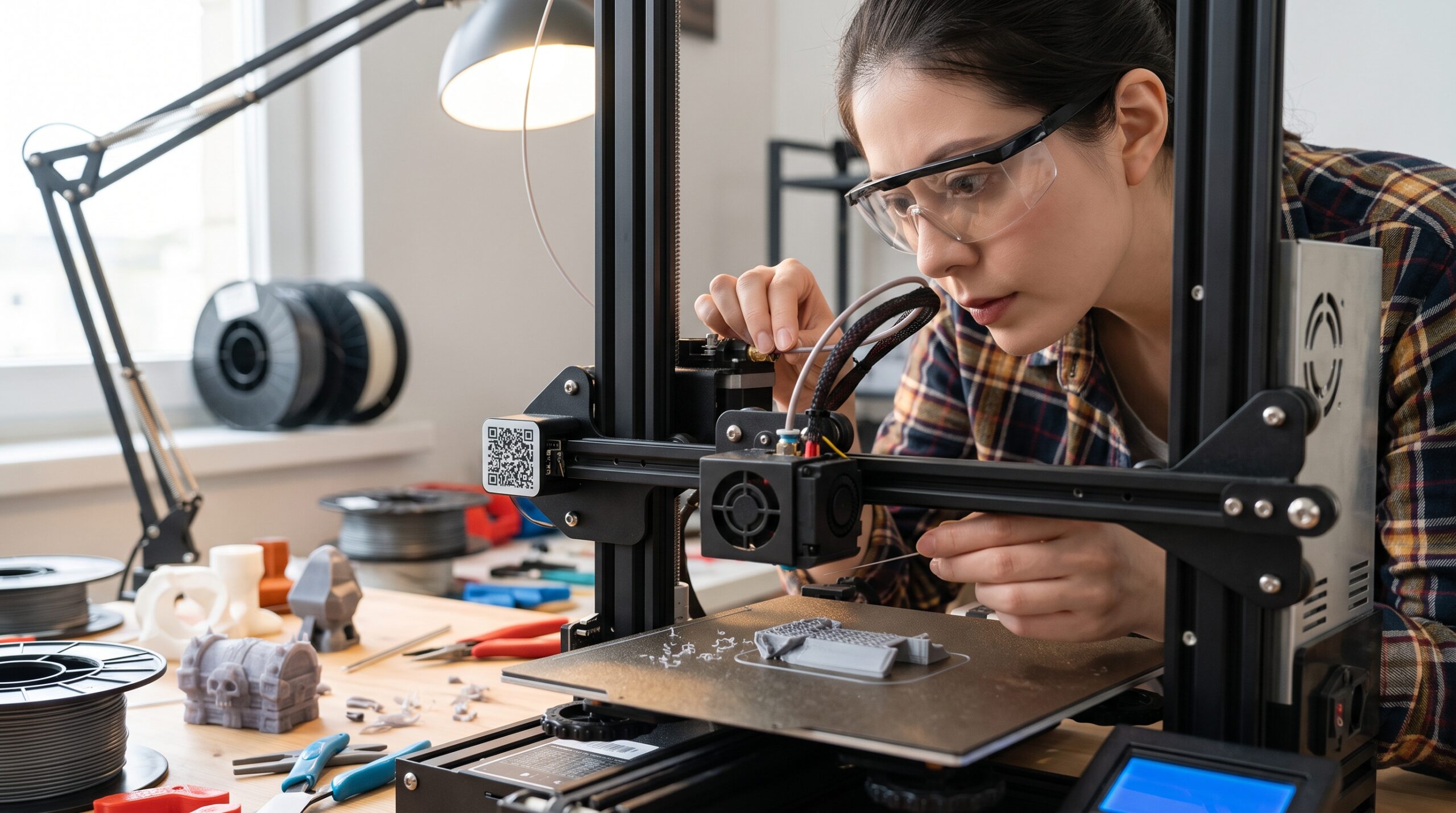 Maker diagnosing a clicking 3D printer extruder and checking the hotend for a partial clog