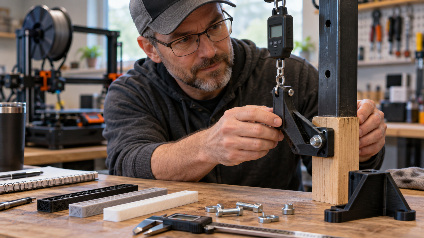 Maker testing a functional 3D-printed replacement part using a load scale and dimensional inspection tools