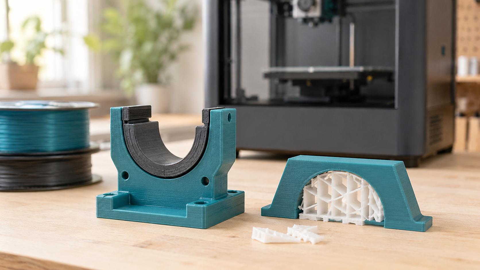 Illustrated 3D-printed teal fixture with dark flexible pads beside a part with removable white supports.