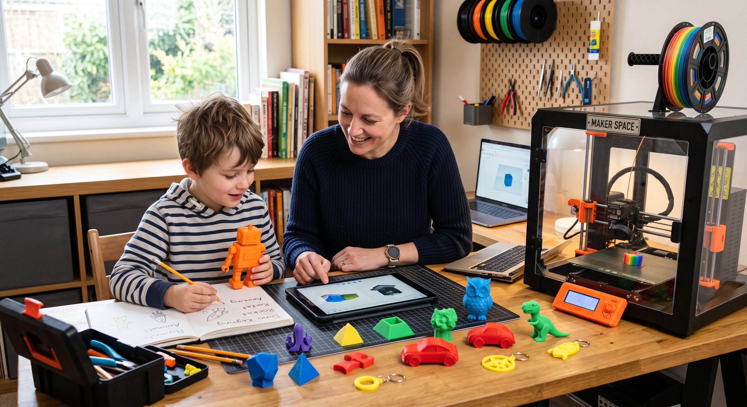 Parent and child planning easy 3D printing projects at a safe home maker desk with colorful PLA prints