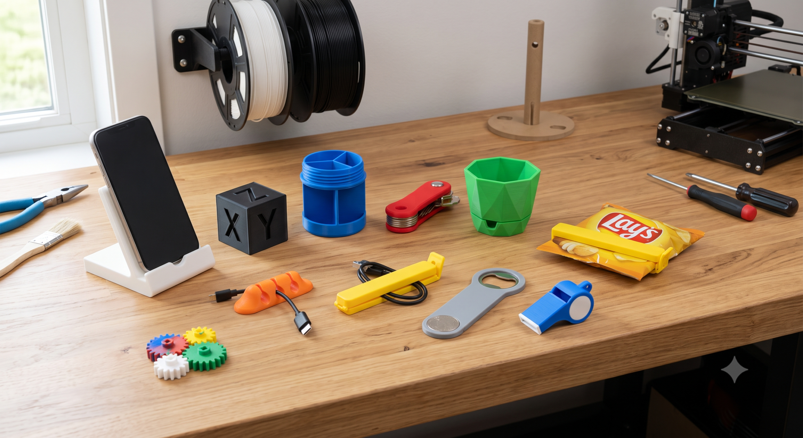 Ten useful things to 3D print arranged on a clean workshop bench without printer upgrades