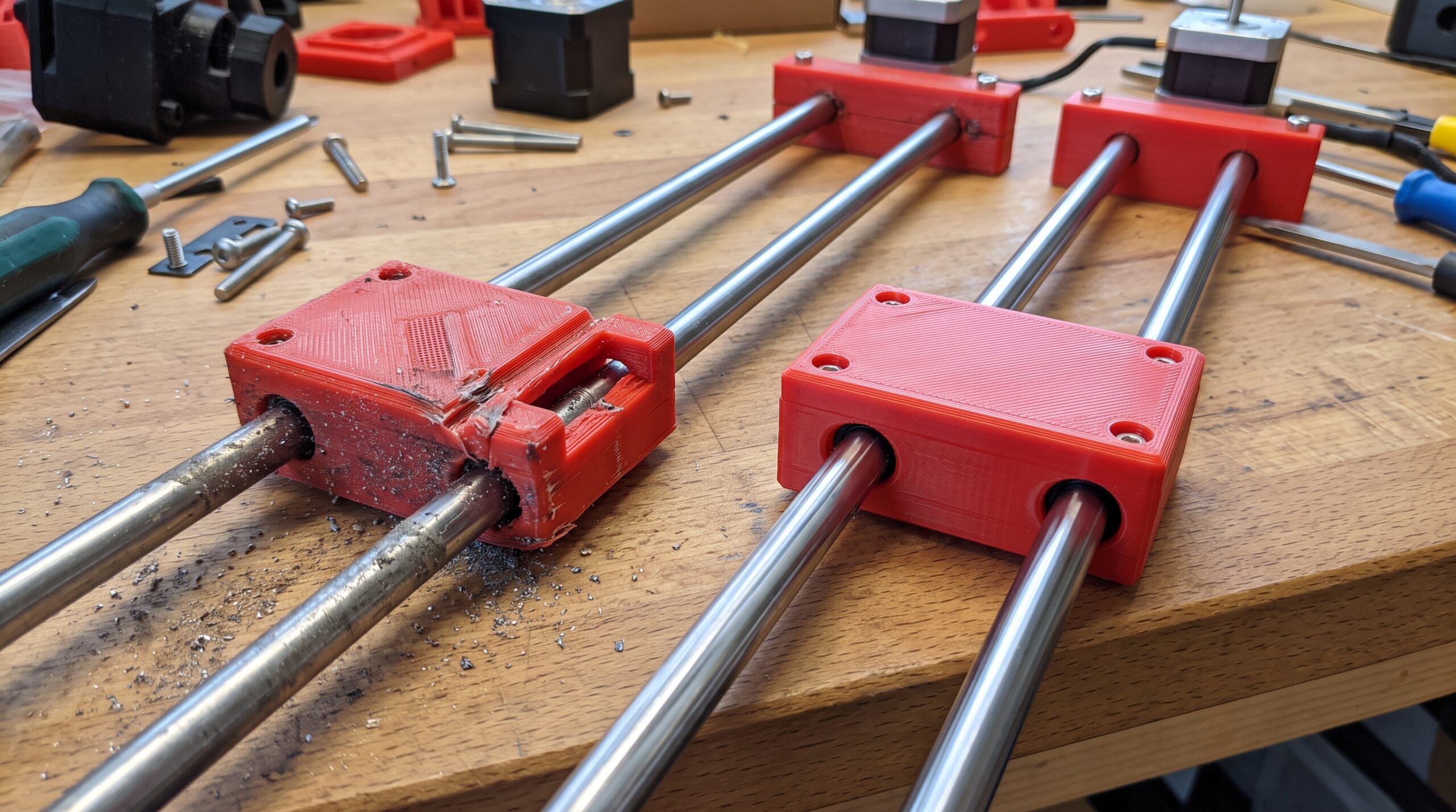 Two 3D-printed linear sliders on a workshop bench showing a worn binding version beside a cleaner sliding version