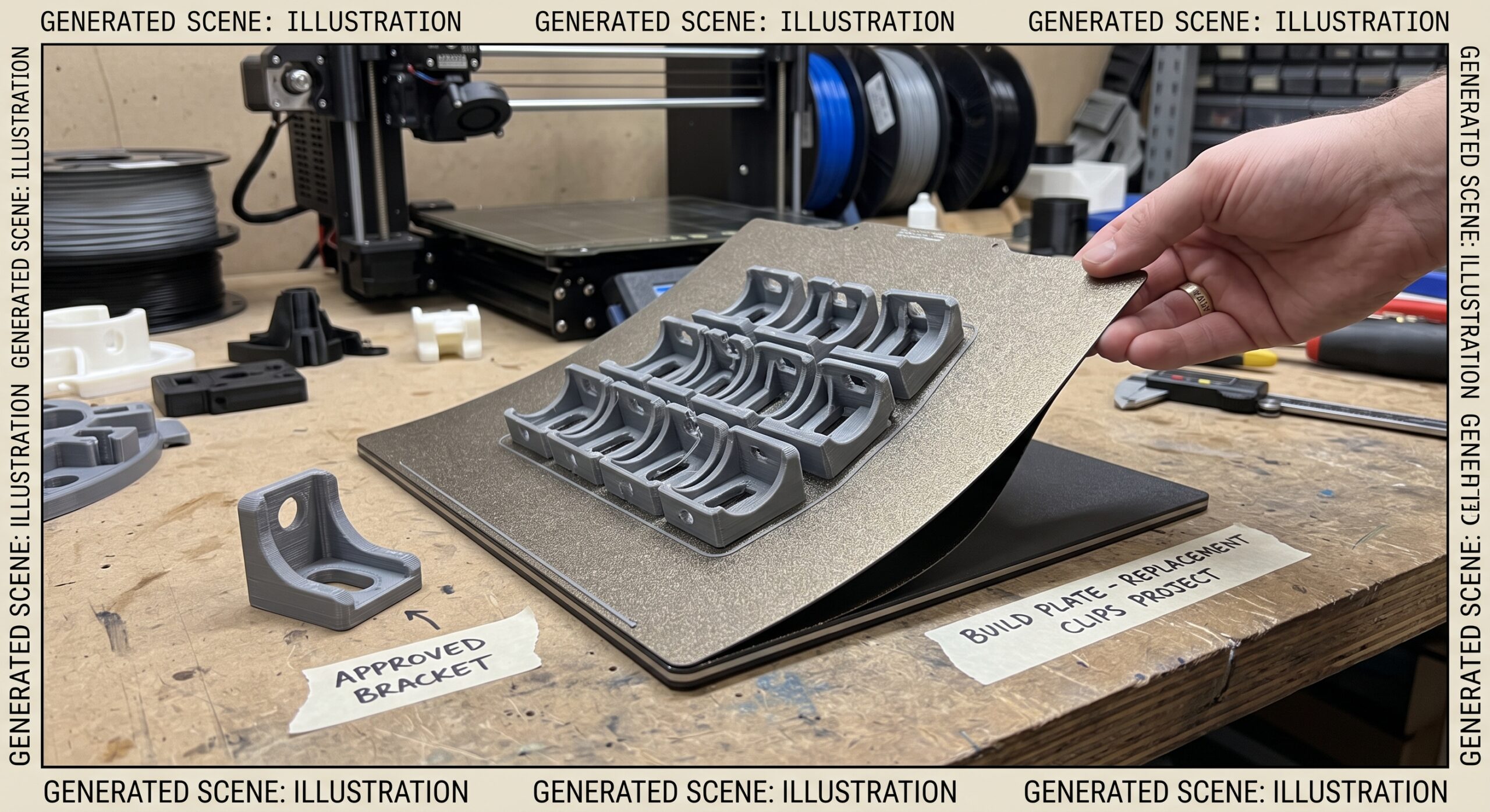 Illustration of a single gray 3D-printed bracket beside a build plate holding multiple similar brackets in a workshop.