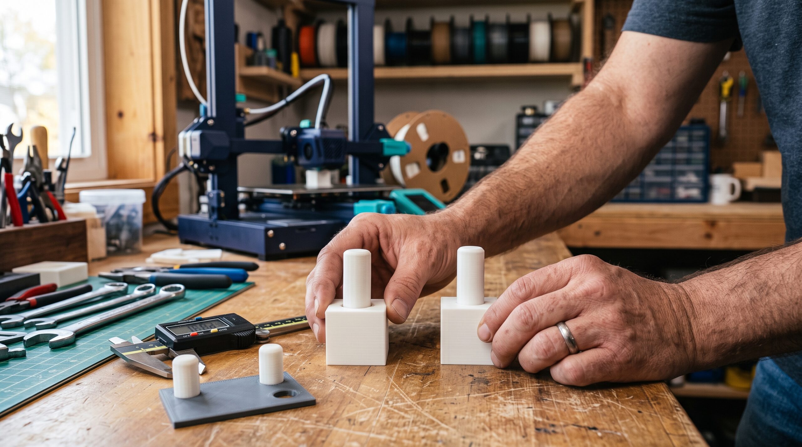 3D print tolerances tested with fitted joints beside digital calipers on Kevin’s workbench