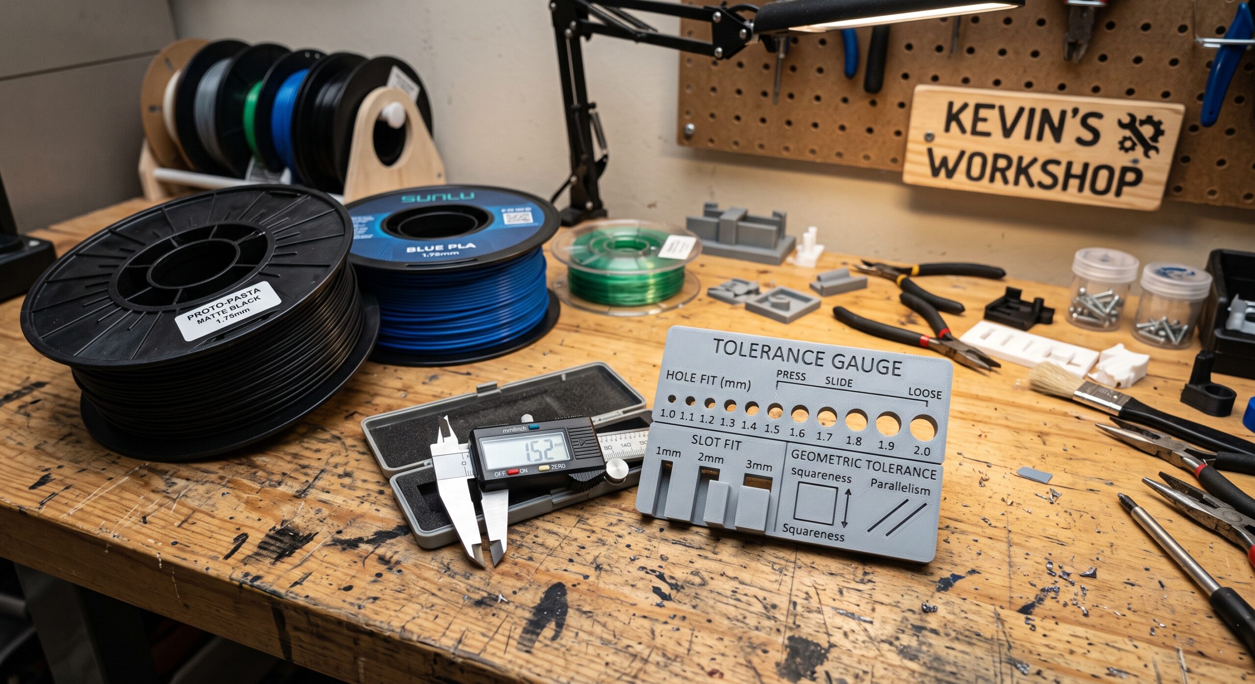 3D printed tolerance gauge beside digital calipers and filament on Kevin’s workshop bench