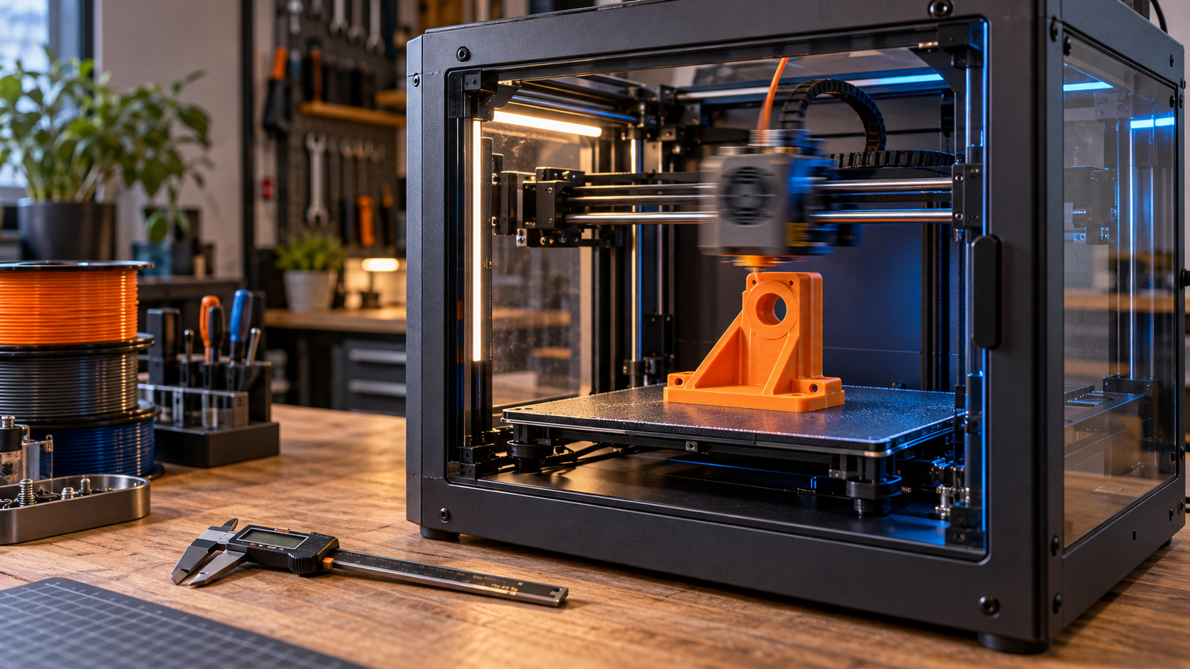 High-speed enclosed 3D printer producing an orange functional bracket