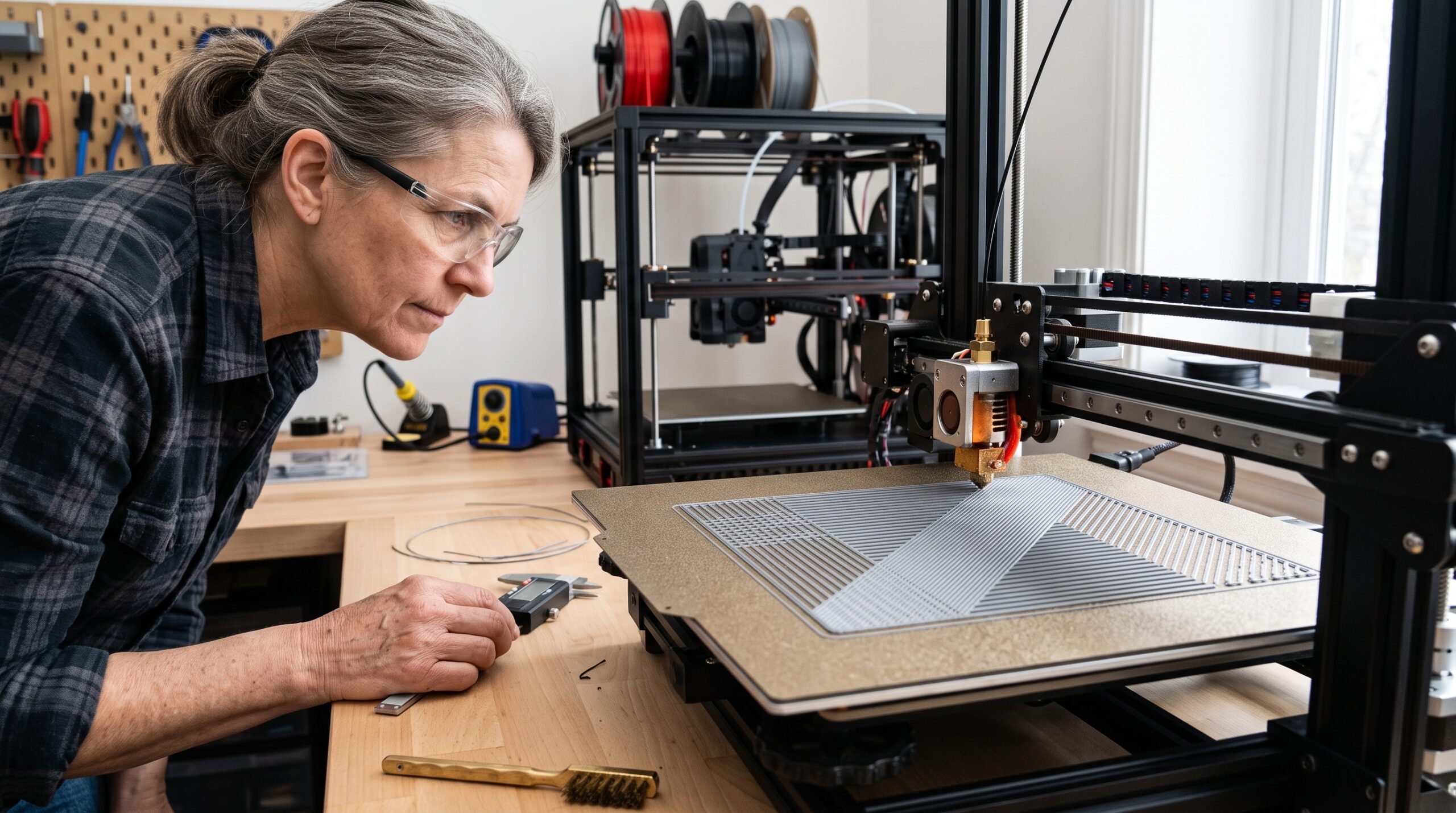 Maker inspecting a 3D printer first layer while checking bed leveling and Z-offset