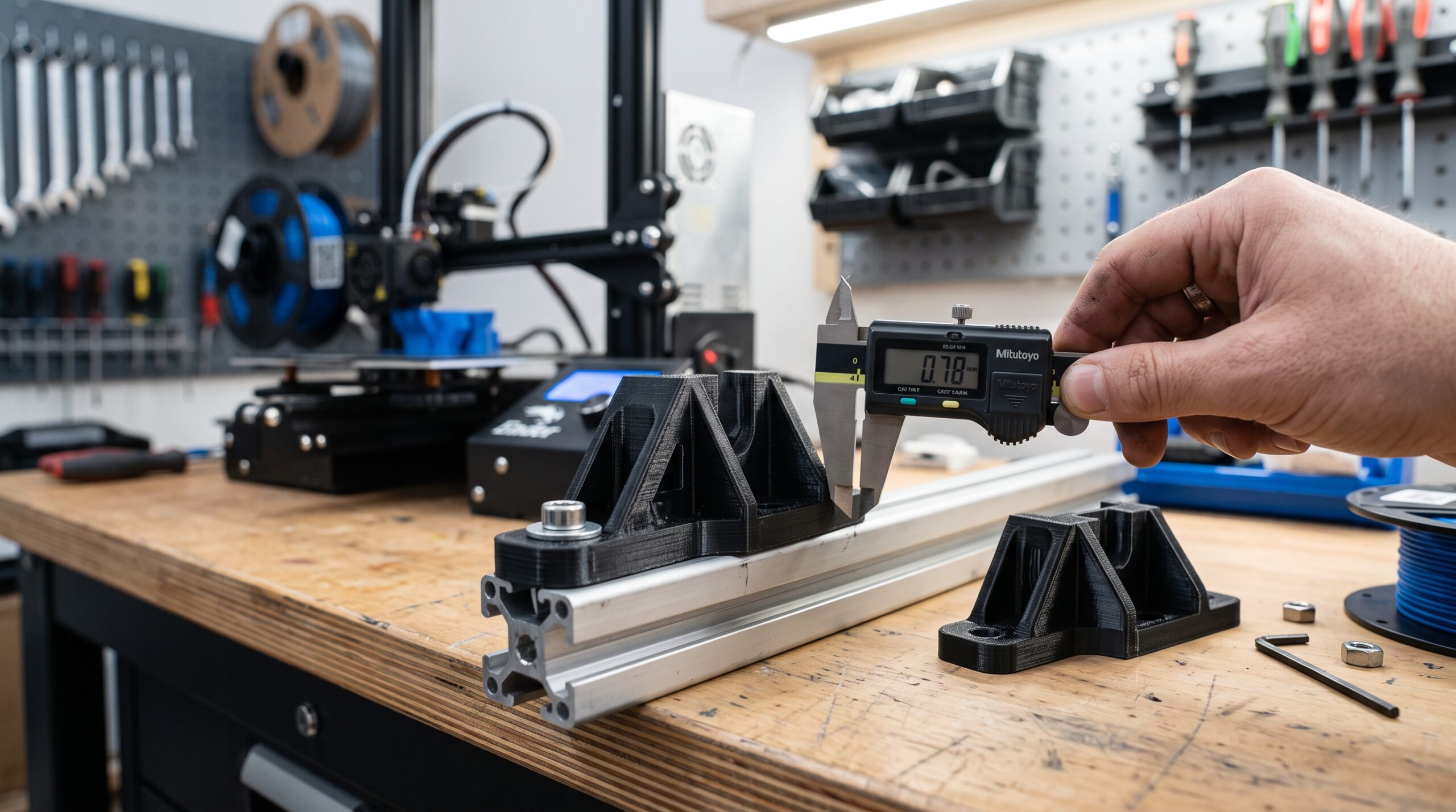 Workshop close-up of a functional 3D-printed bracket attached with a screw being checked for long-term fit and movement