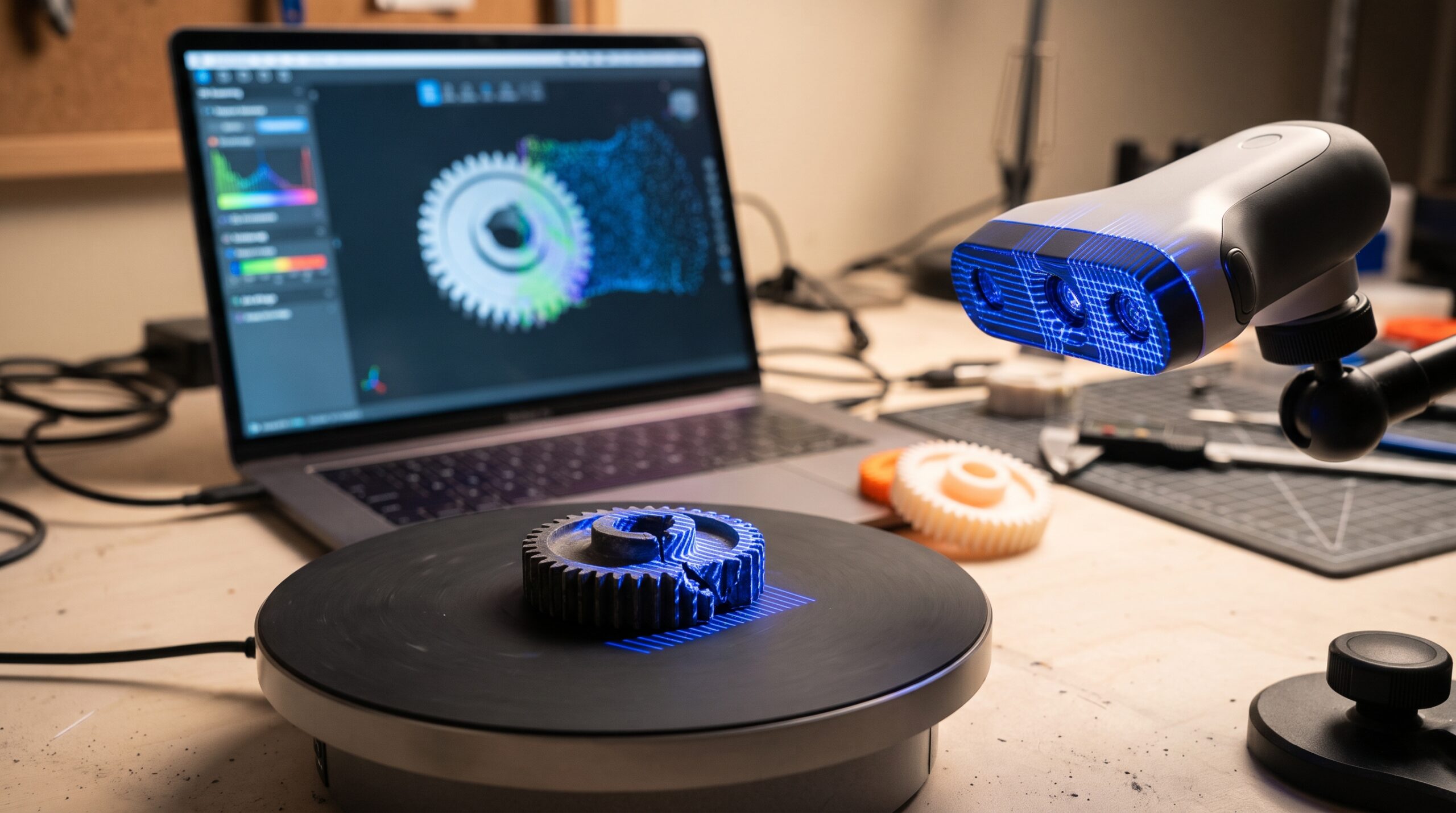Handheld 3D scanner projecting blue structured light onto a cracked plastic gear on a turntable with a laptop displaying the reconstructed 3D mesh beside a printed replacement gear