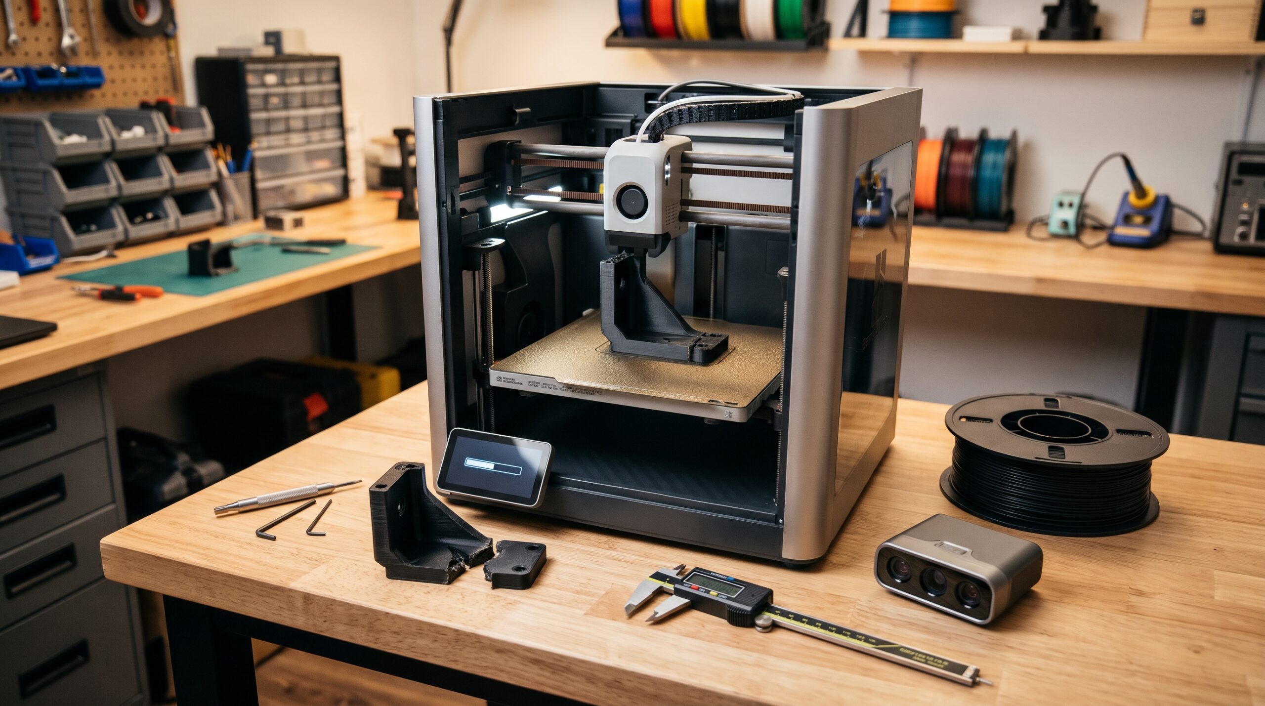 Modern desktop 3D printer producing a black replacement bracket beside the broken original part, digital calipers, a handheld 3D scanner, and a spool of filament on a clean workshop bench