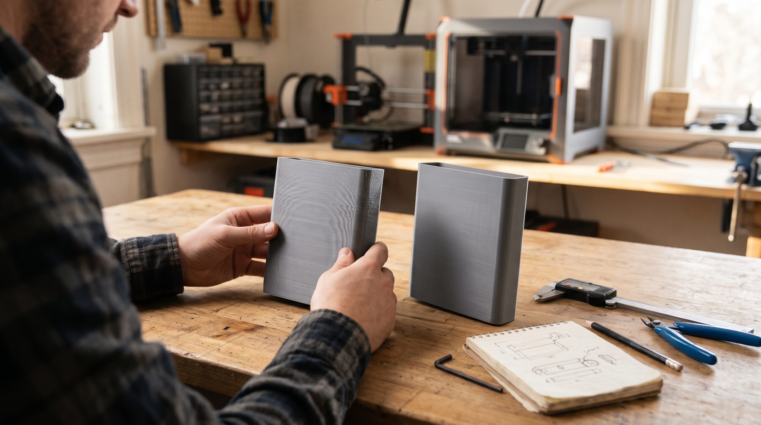 FDM-printed replacement covers on a workshop bench for comparing surface finish.