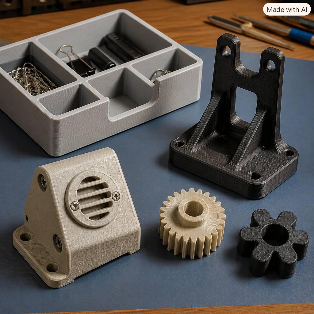Four functional 3D-printed parts on a workshop bench: a white PLA drawer organizer tray, a dark gray ribbed PETG mounting bracket, a matte black weatherproof ASA enclosure, and a natural nylon gear beside a flexible TPU damper.