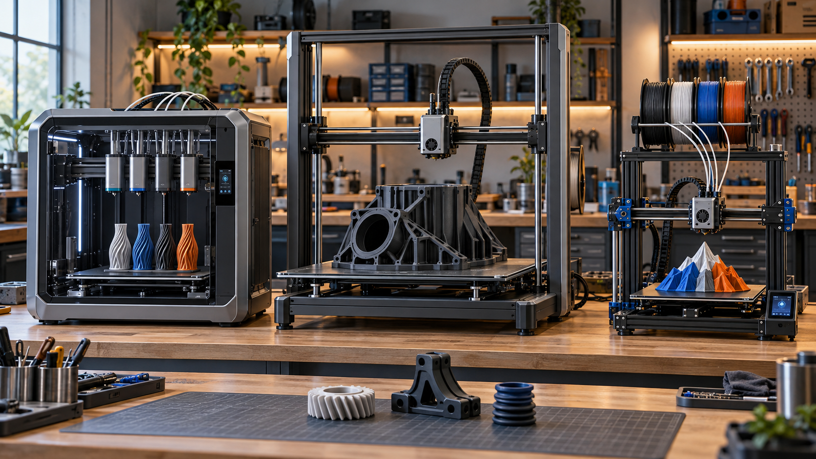 Editorial workshop illustration comparing the Creality K3, Ender-3 V3 Mega, and SPARKX i8, with functional 3D printed parts displayed on the workbench.