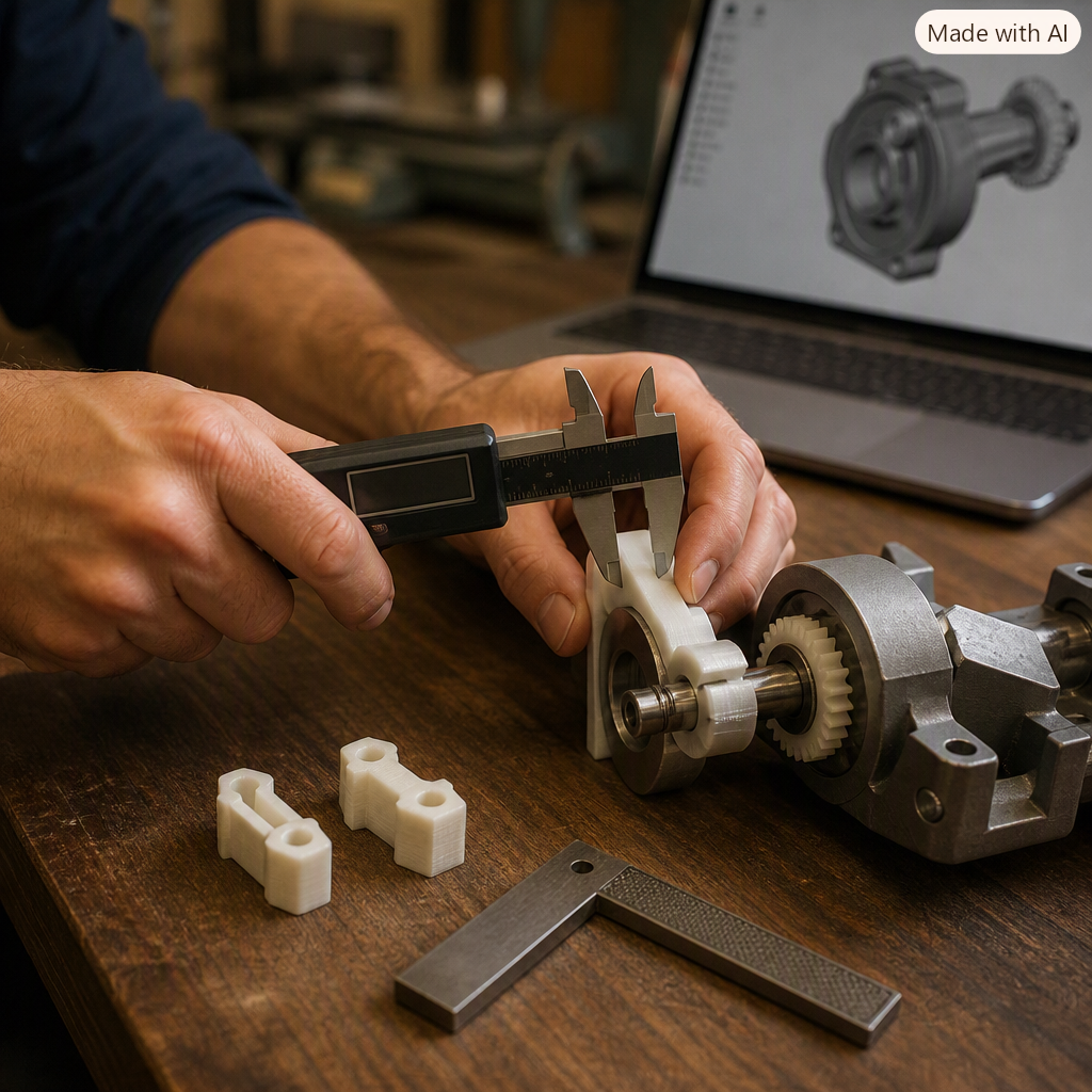 Hands using digital calipers to verify the fit of a 3D-printed natural nylon replacement gear on a steel shaft beside test-fit prototype rings, a machinist square, and a CAD laptop.