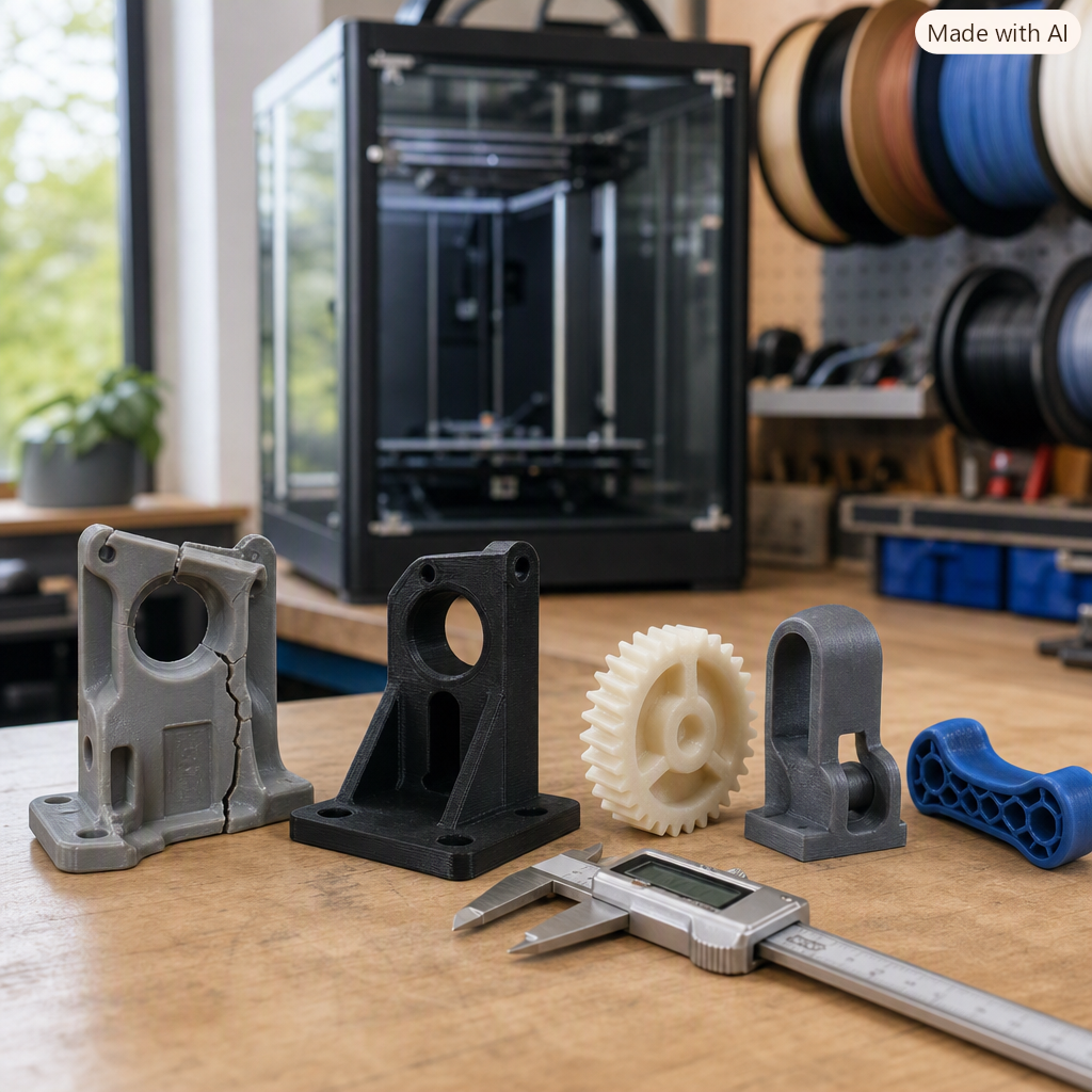 Cracked original gray plastic bracket on a workbench beside 3D-printed replacement prototypes in black PETG, natural nylon gear, dark gray ASA clip, and blue TPU bumper with digital calipers and an enclosed FDM 3D printer in the background.