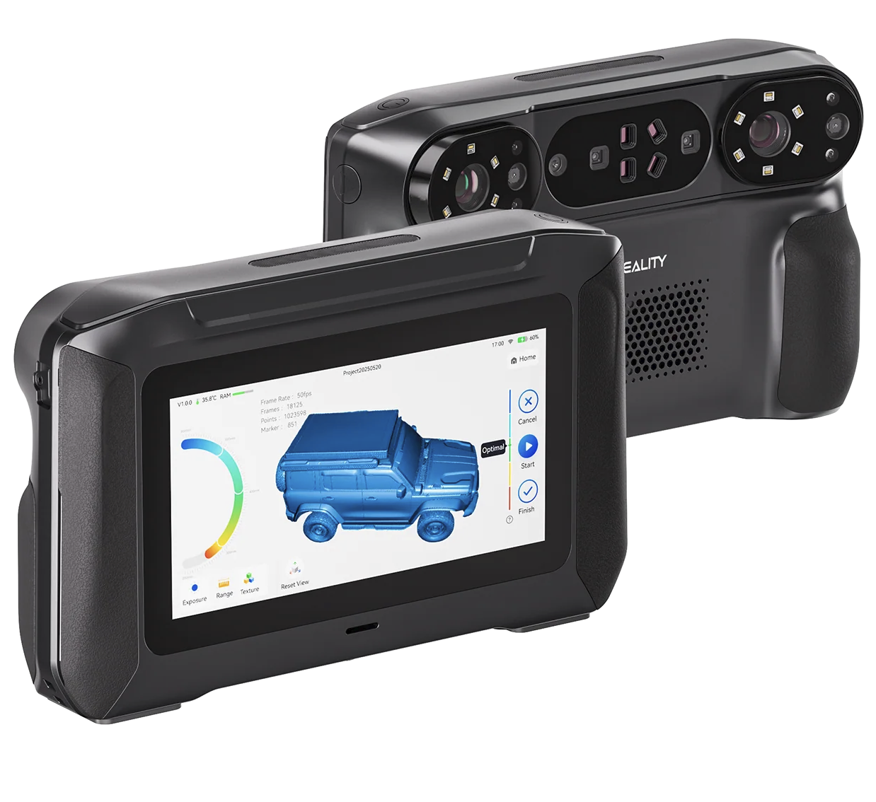 Creality Sermoon P1 3D scanner showing its touchscreen with a vehicle scan and its front-facing optical sensors.