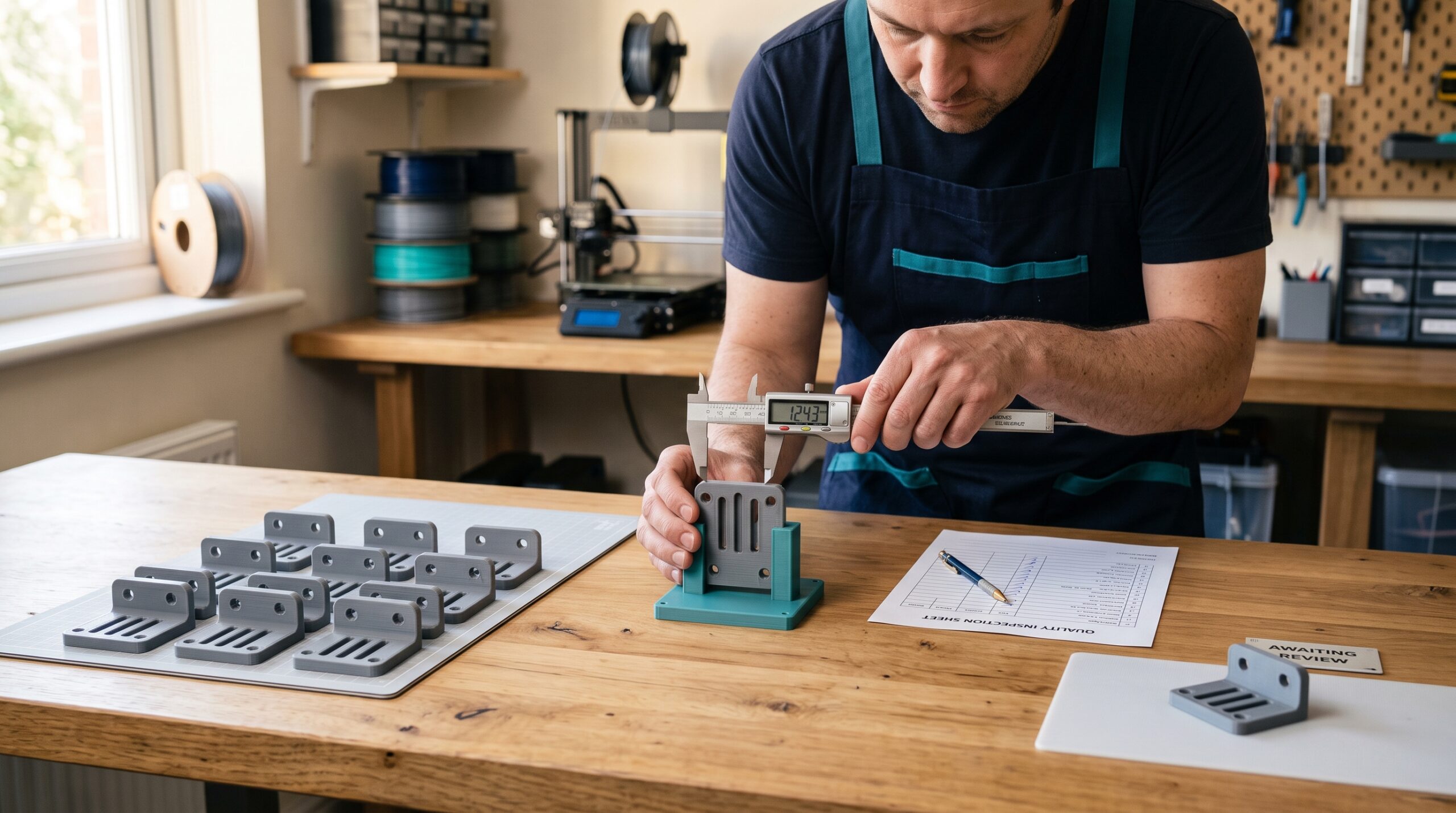 Maker using digital calipers to inspect a gray printed bracket beside a batch of matching parts and an inspection sheet.
